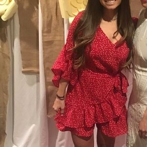Red polka dot ruffle wrap dress